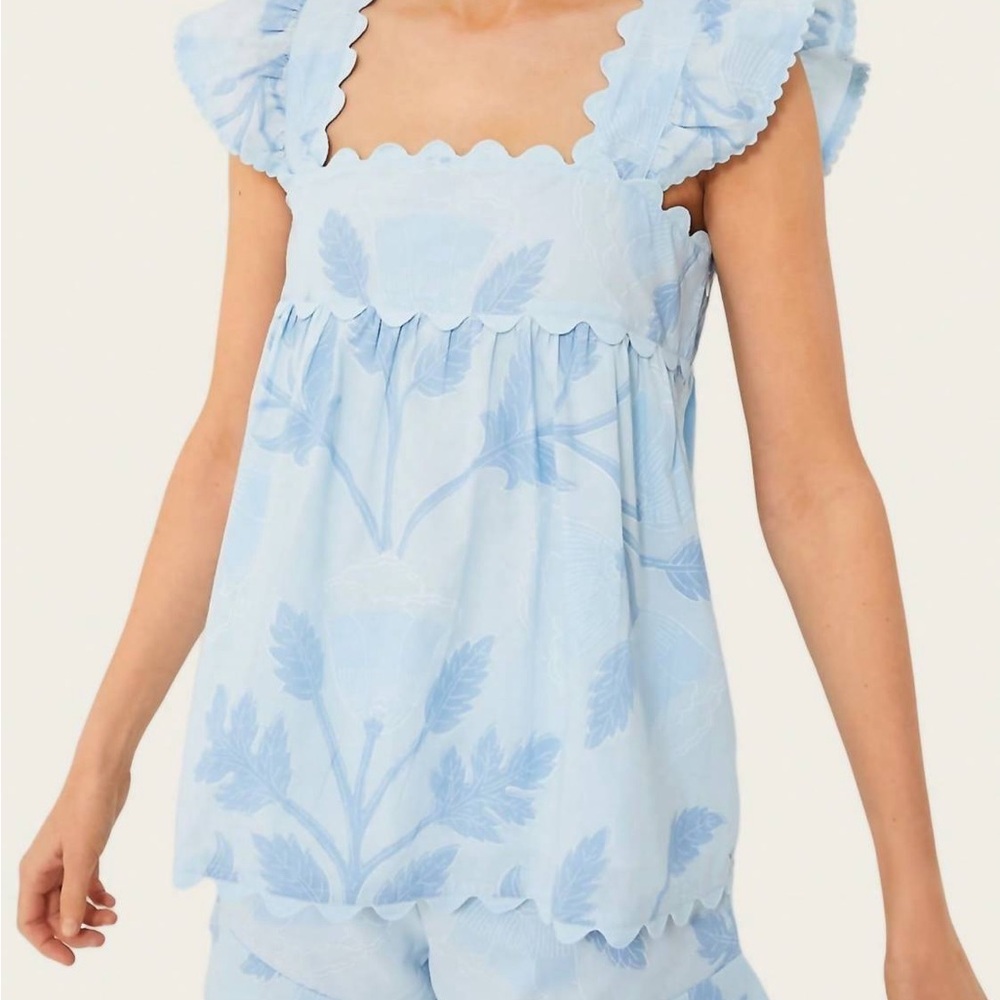 Juliet Dunn Light Blue Floral Scalloped Sleep Top
